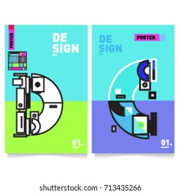 Vector covers design set with retro style. Cool geometric memphis style poster template with alphabets typography. Summer and autumn design template.