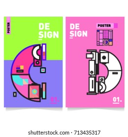 Vector covers design set with retro style. Cool geometric memphis style poster template with alphabets typography. Summer and autumn design template.