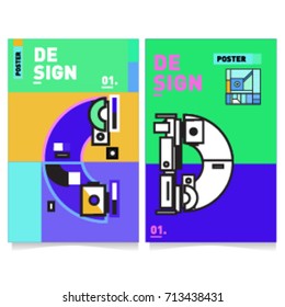 Vector covers design set with retro style. Cool geometric memphis style poster template with alphabets typography. Summer and autumn design template.