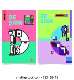 Vector covers design set with retro style. Cool geometric memphis style poster template with alphabets typography. Summer and autumn design template.