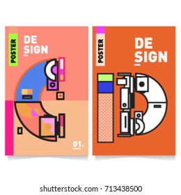 Vector covers design set with retro style. Cool geometric memphis style poster template with alphabets typography. Summer and autumn design template.