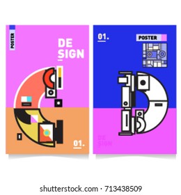 Vector covers design set with retro style. Cool geometric memphis style poster template with alphabets typography. Summer and autumn design template.