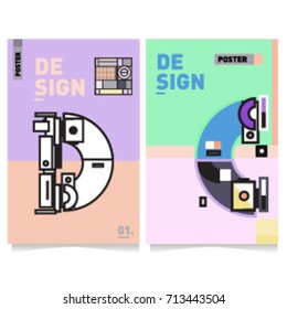 Vector covers design set with retro style. Cool geometric memphis style poster template with alphabets typography. Summer and autumn design template.