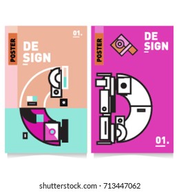 Vector covers design set with retro style. Cool geometric memphis style poster template with alphabets typography. Summer and autumn design template.