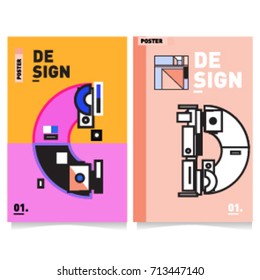 Vector covers design set with retro style. Cool geometric memphis style poster template with alphabets typography. Summer and autumn design template.