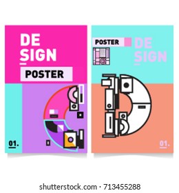 Vector covers design set with retro style. Cool geometric memphis style poster template with alphabets typography. Summer and autumn design template.