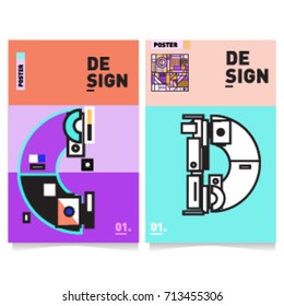 Vector covers design set with retro style. Cool geometric memphis style poster template with alphabets typography. Summer and autumn design template.
