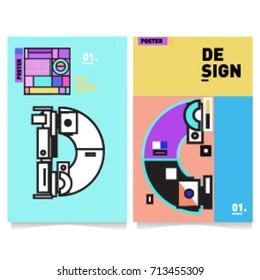 Vector covers design set with retro style. Cool geometric memphis style poster template with alphabets typography. Summer and autumn design template.