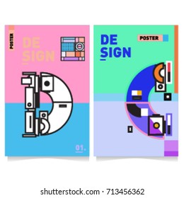 Vector covers design set with retro style. Cool geometric memphis style poster template with alphabets typography. Summer and autumn design template.