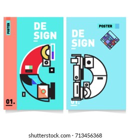 Vector covers design set with retro style. Cool geometric memphis style poster template with alphabets typography. Summer and autumn design template.