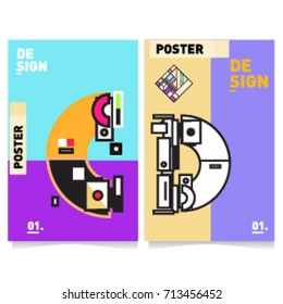 Vector covers design set with retro style. Cool geometric memphis style poster template with alphabets typography. Summer and autumn design template.