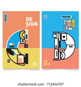 Vector covers design set with retro style. Cool geometric memphis style poster template with alphabets typography. Summer and autumn design template.