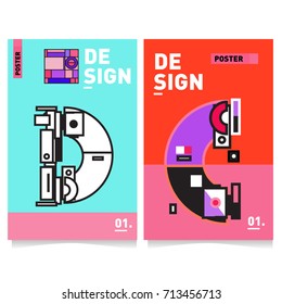 Vector covers design set with retro style. Cool geometric memphis style poster template with alphabets typography. Summer and autumn design template.