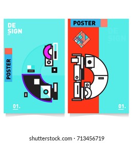 Vector covers design set with retro style. Cool geometric memphis style poster template with alphabets typography. Summer and autumn design template.