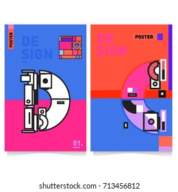 Vector covers design set with retro style. Cool geometric memphis style poster template with alphabets typography. Summer and autumn design template.