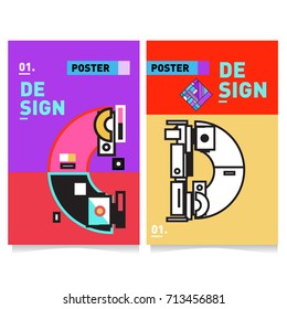 Vector covers design set with retro style. Cool geometric memphis style poster template with alphabets typography. Summer and autumn design template.