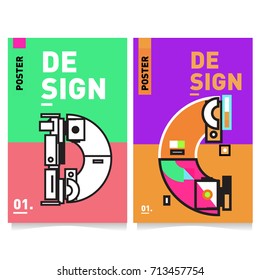 Vector covers design set with retro style. Cool geometric memphis style poster template with alphabets typography. Summer and autumn design template.