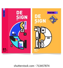 Vector covers design set with retro style. Cool geometric memphis style poster template with alphabets typography. Summer and autumn design template.