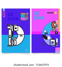 Vector covers design set with retro style. Cool geometric memphis style poster template with alphabets typography. Summer and autumn design template.