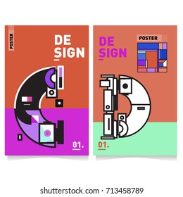 Vector covers design set with retro style. Cool geometric memphis style poster template with alphabets typography. Summer and autumn design template.