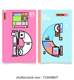 Vector covers design set with retro style. Cool geometric memphis style poster template with alphabets typography. Summer and autumn design template.