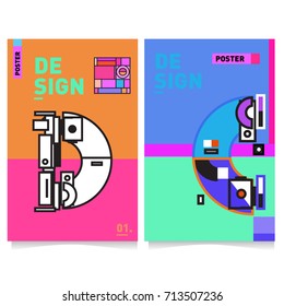Vector covers design set with retro style. Cool geometric memphis style poster template with alphabets typography. Summer and autumn design template.