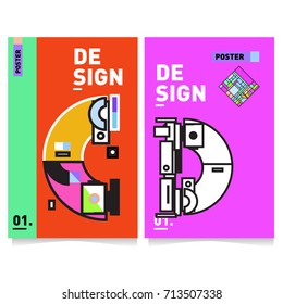 Vector covers design set with retro style. Cool geometric memphis style poster template with alphabets typography. Summer and autumn design template.
