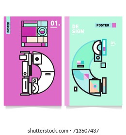 Vector covers design set with retro style. Cool geometric memphis style poster template with alphabets typography. Summer and autumn design template.