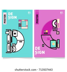 Vector covers design set with retro style. Cool geometric memphis style poster template with alphabets typography. Summer and autumn design template.