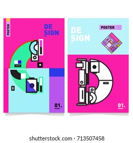 Vector covers design set with retro style. Cool geometric memphis style poster template with alphabets typography. Summer and autumn design template.