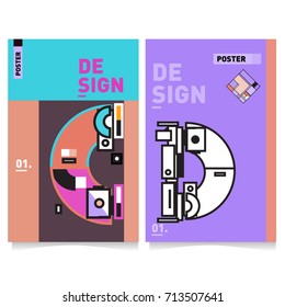 Vector covers design set with retro style. Cool geometric memphis style poster template with alphabets typography. Summer and autumn design template.