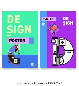 Vector covers design set with retro style. Cool geometric memphis style poster template with alphabets typography. Summer and autumn design template.
