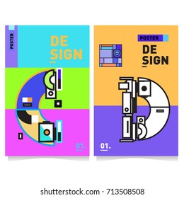 Vector covers design set with retro style. Cool geometric memphis style poster template with alphabets typography. Summer and autumn design template.