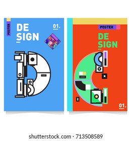 Vector covers design set with retro style. Cool geometric memphis style poster template with alphabets typography. Summer and autumn design template.
