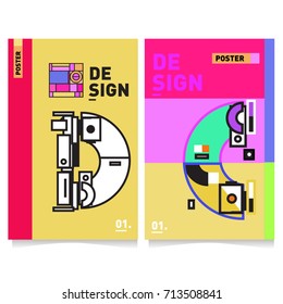 Vector covers design set with retro style. Cool geometric memphis style poster template with alphabets typography. Summer and autumn design template.
