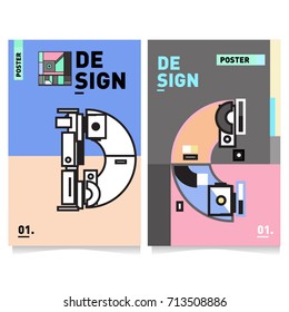 Vector covers design set with retro style. Cool geometric memphis style poster template with alphabets typography. Summer and autumn design template.