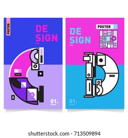 Vector covers design set with retro style. Cool geometric memphis style poster template with alphabets typography. Summer and autumn design template.