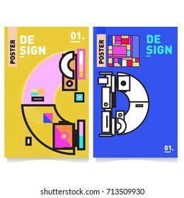 Vector covers design set with retro style. Cool geometric memphis style poster template with alphabets typography. Summer and autumn design template.