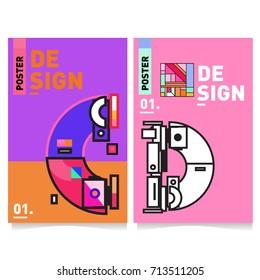 Vector covers design set with retro style. Cool geometric memphis style poster template with alphabets typography. Summer and autumn design template.