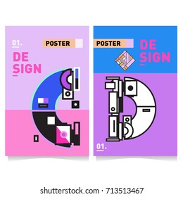 Vector covers design set with retro style. Cool geometric memphis style poster template with alphabets typography. Summer and autumn design template.