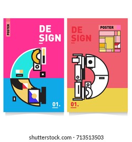 Vector covers design set with retro style. Cool geometric memphis style poster template with alphabets typography. Summer and autumn design template.