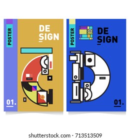 Vector covers design set with retro style. Cool geometric memphis style poster template with alphabets typography. Summer and autumn design template.