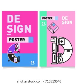 Vector covers design set with retro style. Cool geometric memphis style poster template with alphabets typography. Summer and autumn design template.
