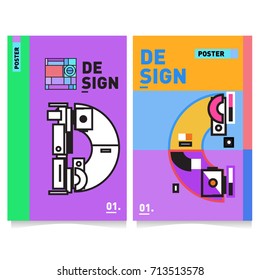 Vector covers design set with retro style. Cool geometric memphis style poster template with alphabets typography. Summer and autumn design template.