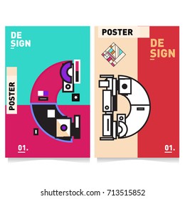 Vector covers design set with retro style. Cool geometric memphis style poster template with alphabets typography. Summer and autumn design template.