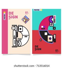 Vector covers design set with retro style. Cool geometric memphis style poster template with alphabets typography. Summer and autumn design template.