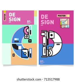 Vector covers design set with retro style. Cool geometric memphis style poster template with alphabets typography. Summer and autumn design template.