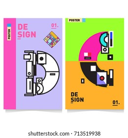 Vector covers design set with retro style. Cool geometric memphis style poster template with alphabets typography. Summer and autumn design template.