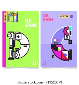 Vector covers design set with retro style. Cool geometric memphis style poster template with alphabets typography. Summer and autumn design template.