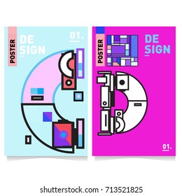 Vector covers design set with retro style. Cool geometric memphis style poster template with alphabets typography. Summer and autumn design template.